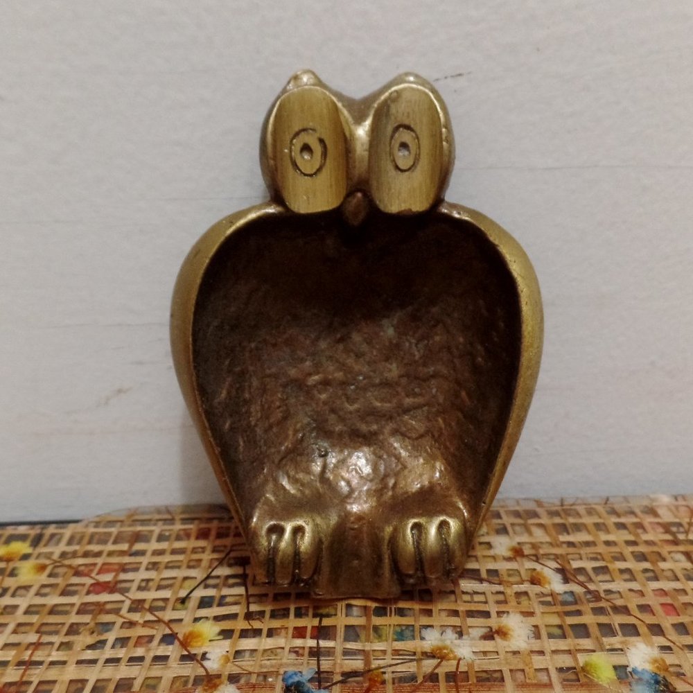 Vintage Brass 3'' Owl Figural Trinket Dish Ashtray Made in Israel